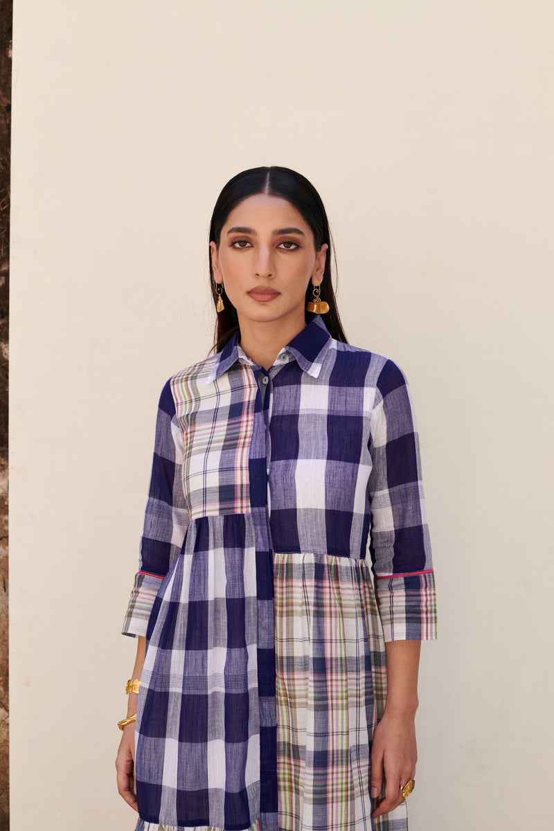 Blue Cotton Handloom Collar Neck Dress For Women's