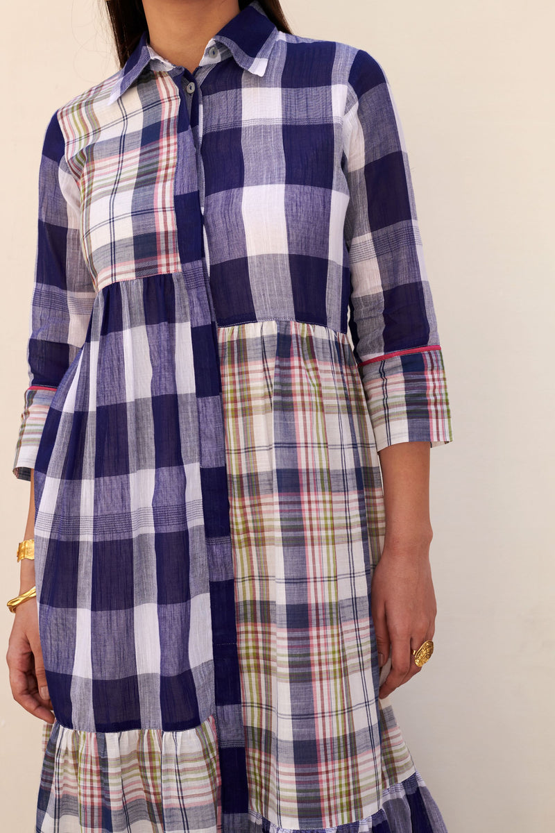 Blue Cotton Handloom Collar Neck Dress For Women's
