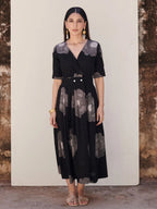 Black Cotton V-Neck Floral Print Dress For Women's