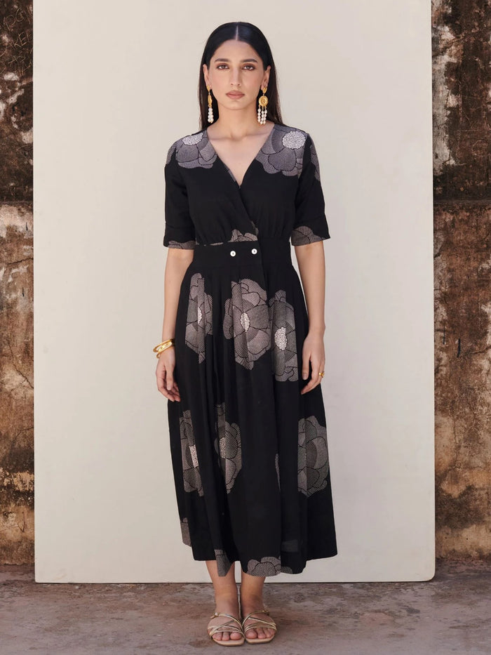 Black Cotton V-Neck Floral Print Dress For Women's