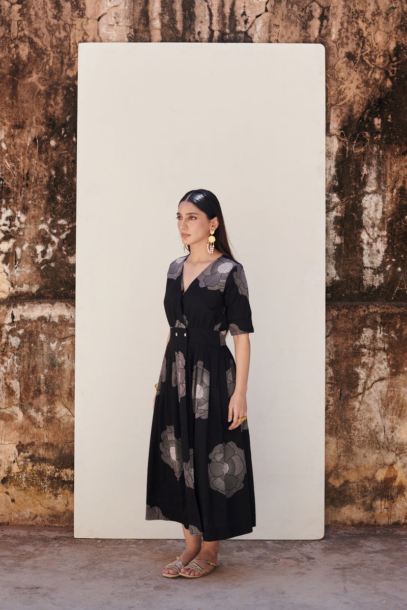Black Cotton V-Neck Floral Print Dress For Women's