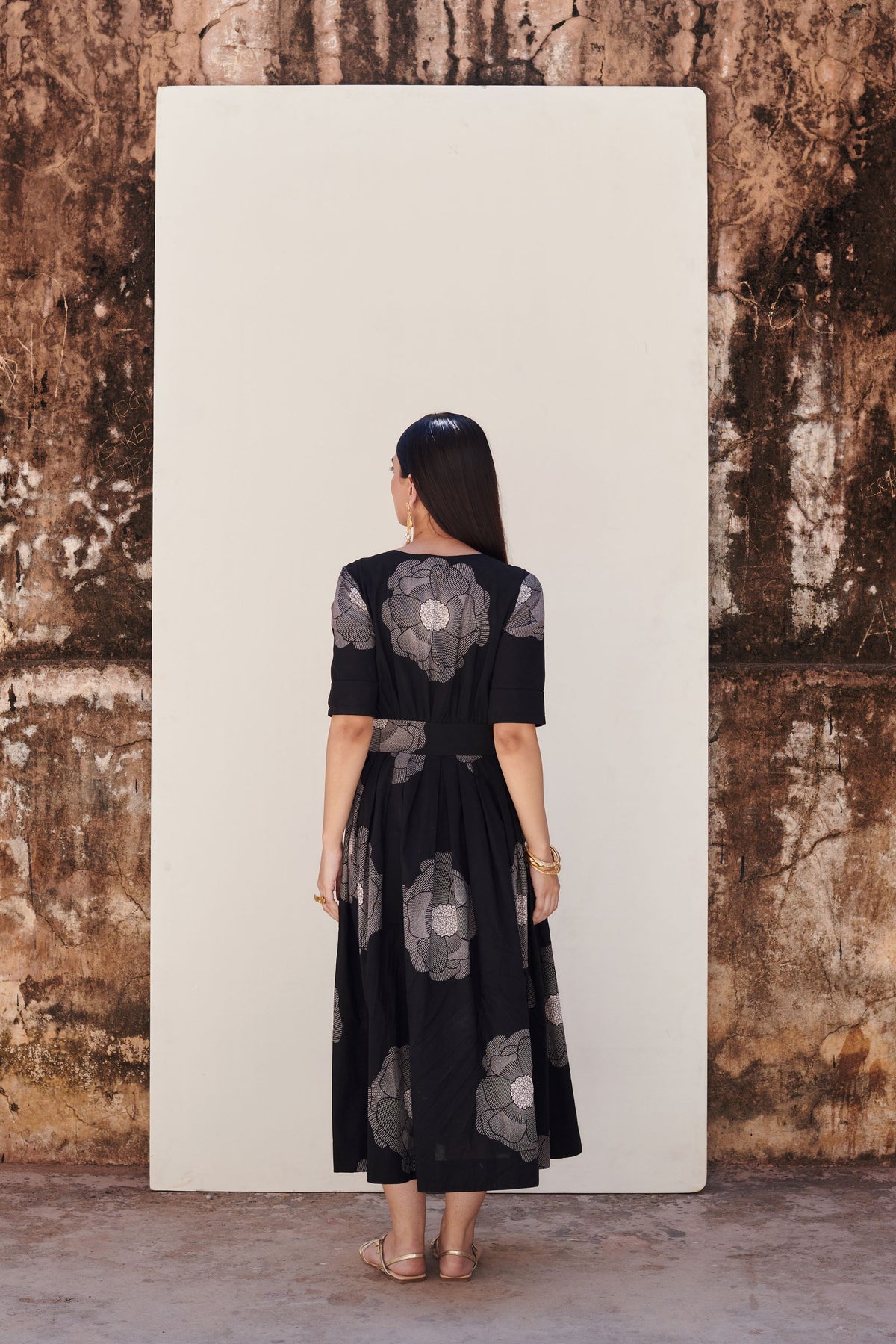 Black Cotton V-Neck Floral Print Dress For Women's