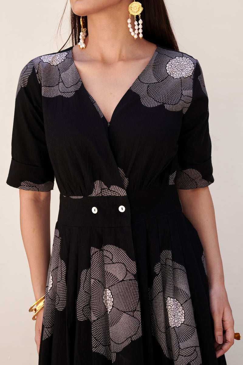 Black Cotton V-Neck Floral Print Dress For Women's