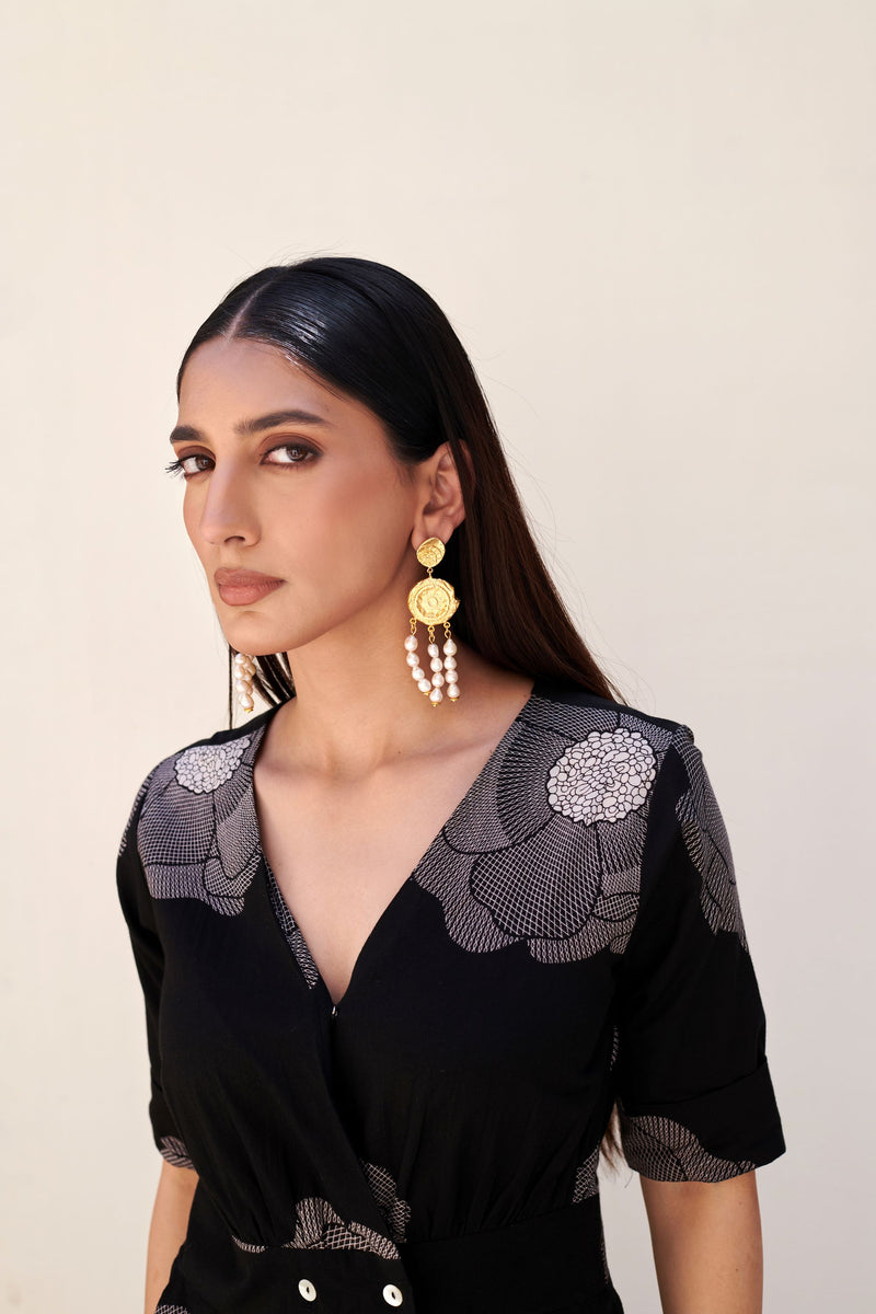 Black Cotton V-Neck Floral Print Dress For Women's