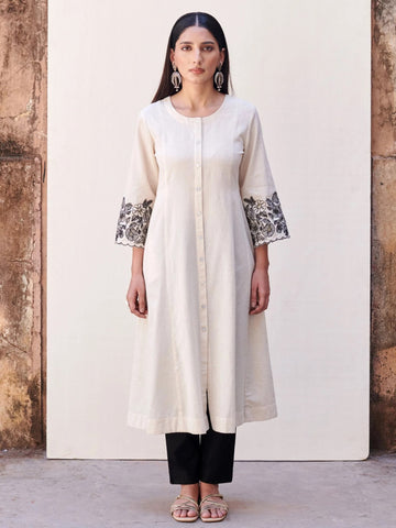 White Cotton Flax Round Neck Kurta With Floral Embroidered Sleeves for Women