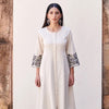 White Cotton Flax Round Neck Kurta With Floral Embroidered Sleeves for Women