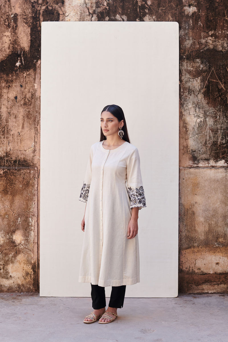 White Cotton Flex Round Neck Kurta With Floral Embroidered Sleeves for Women