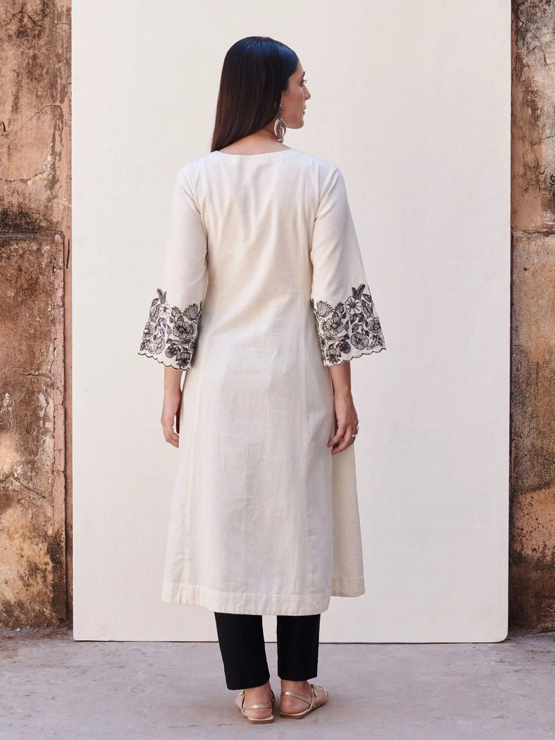 White Cotton Flex Round Neck Kurta With Floral Embroidered Sleeves for Women