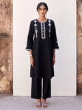 Black Cotton Flax Round Neck Kurta Pant Set For Women's