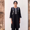 Black Cotton Flax Round Neck Kurta Pant Set For Women's