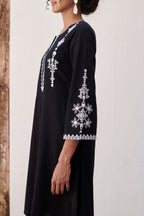 Black Cotton Flax Round Neck Kurta Pant Set For Women's