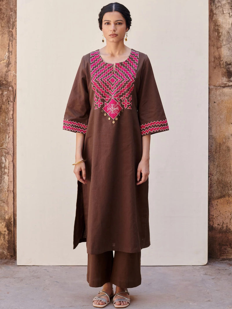 Brown Cotton Slub Round Neck Kurta Pant Set For Women's