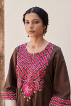 Brown Cotton Slub Round Neck Kurta Pant Set For Women's
