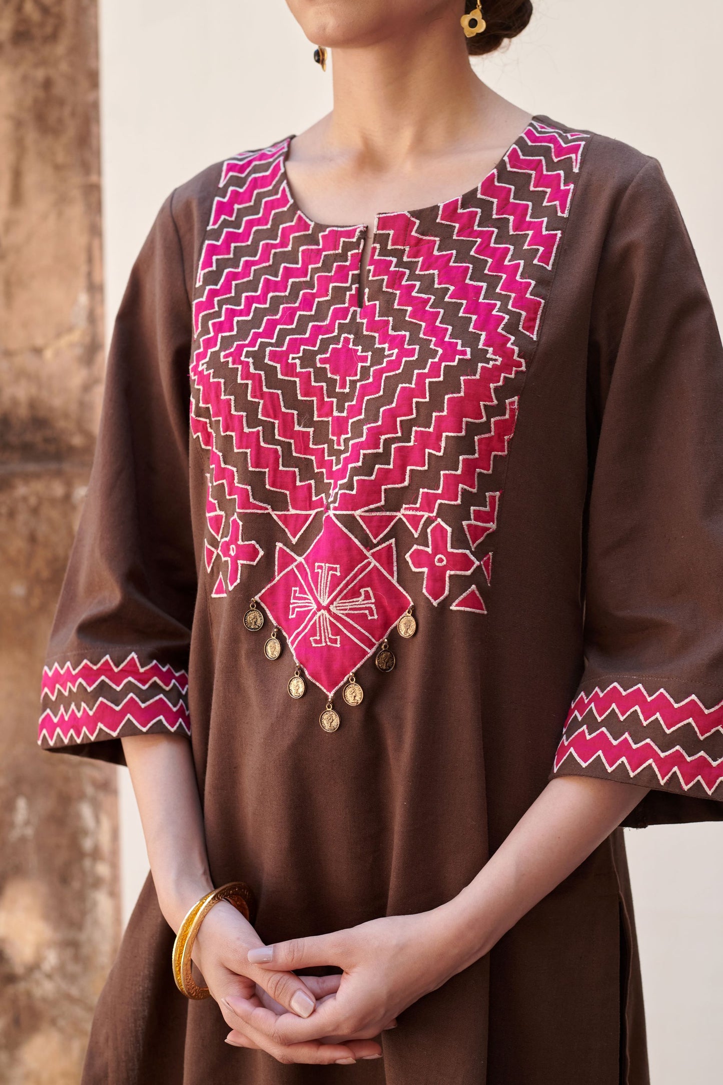 Brown Cotton Slub Round With Small V-Neck Kurta Pant Set For Women
