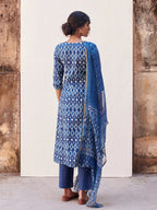 Indigo Handblock Printed With Kota Doriya Dupatta Set (Pant Not included)