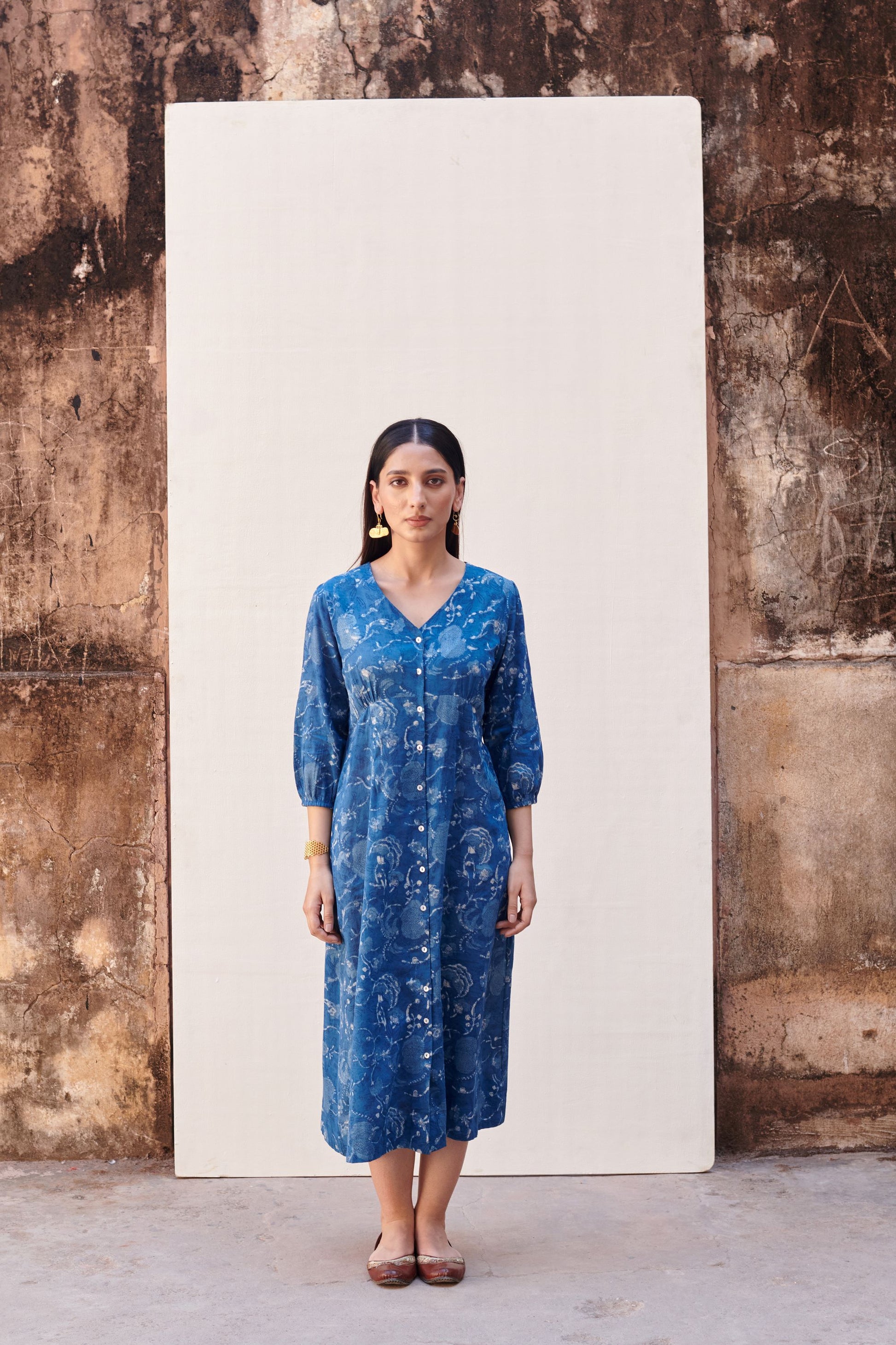 Indigo Handblock V-Neck Cotton Dress For Women's