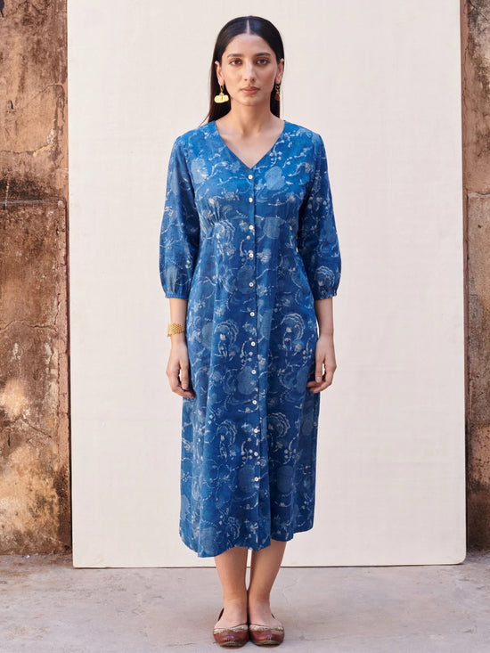 Indigo Handblock V-Neck Cotton Dress For Women's