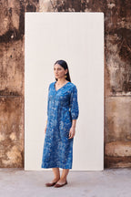 Indigo Handblock V-Neck Cotton Dress For Women's