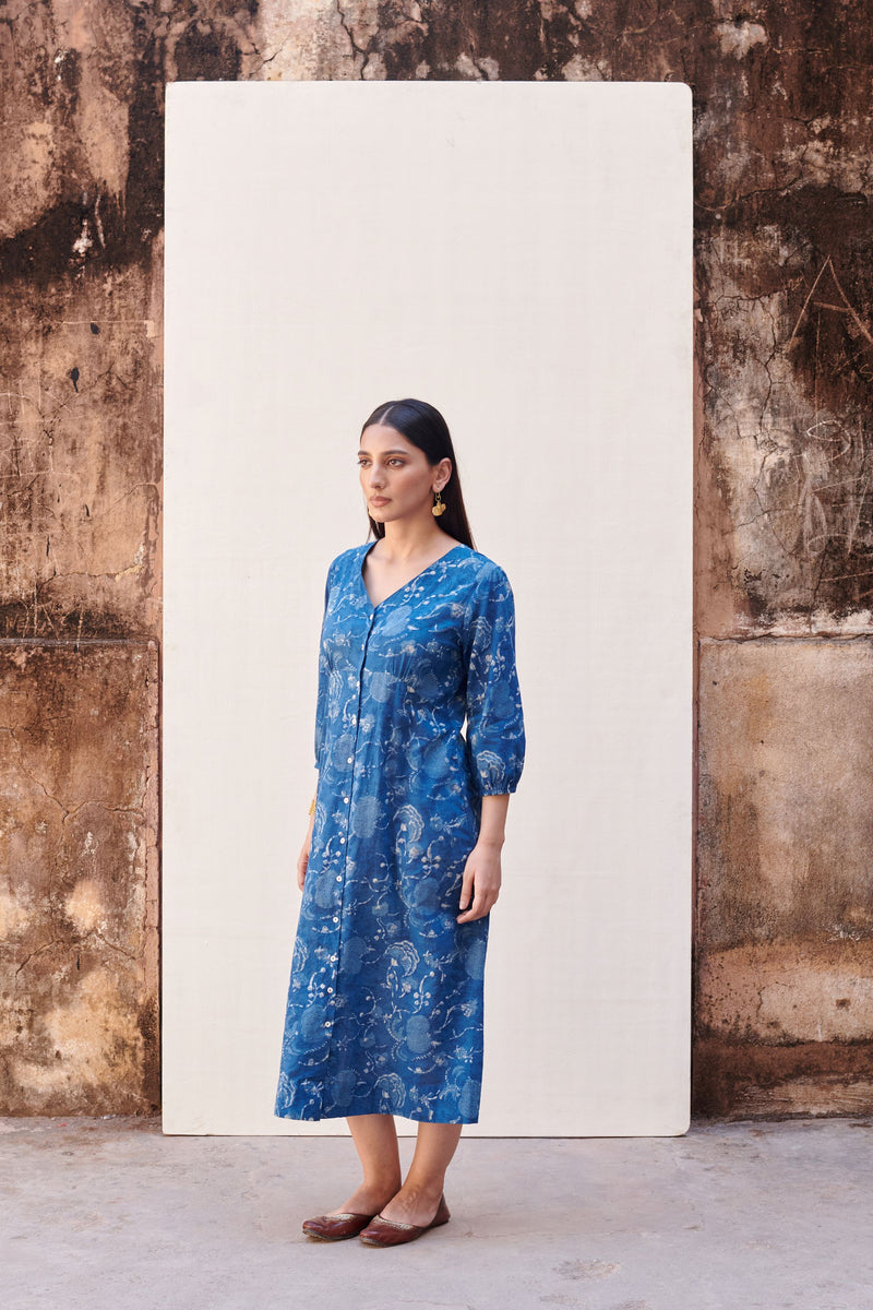 Indigo Handblock V-Neck Cotton Dress For Women's