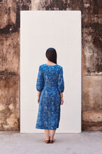 Indigo Handblock V-Neck Cotton Dress For Women's