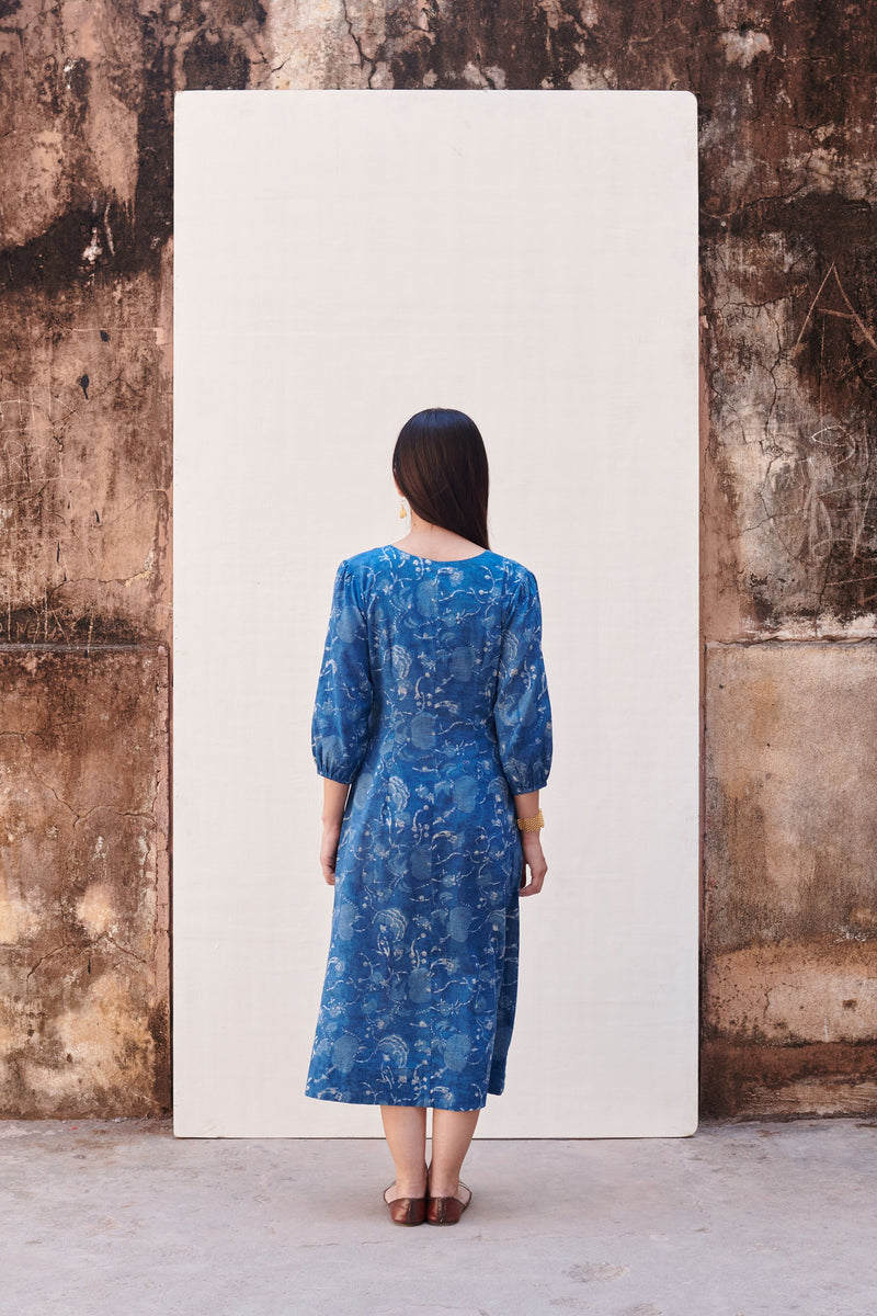 Indigo Handblock V-Neck Cotton Dress For Women's