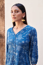 Indigo Handblock V-Neck Cotton Dress For Women's
