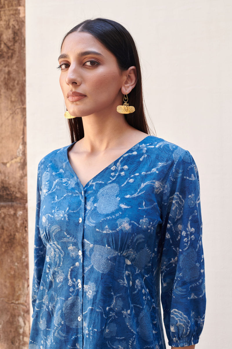 Indigo Handblock V-Neck Cotton Dress For Women's