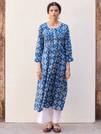 Indigo Cotton Round Handblock Kurta For Women's