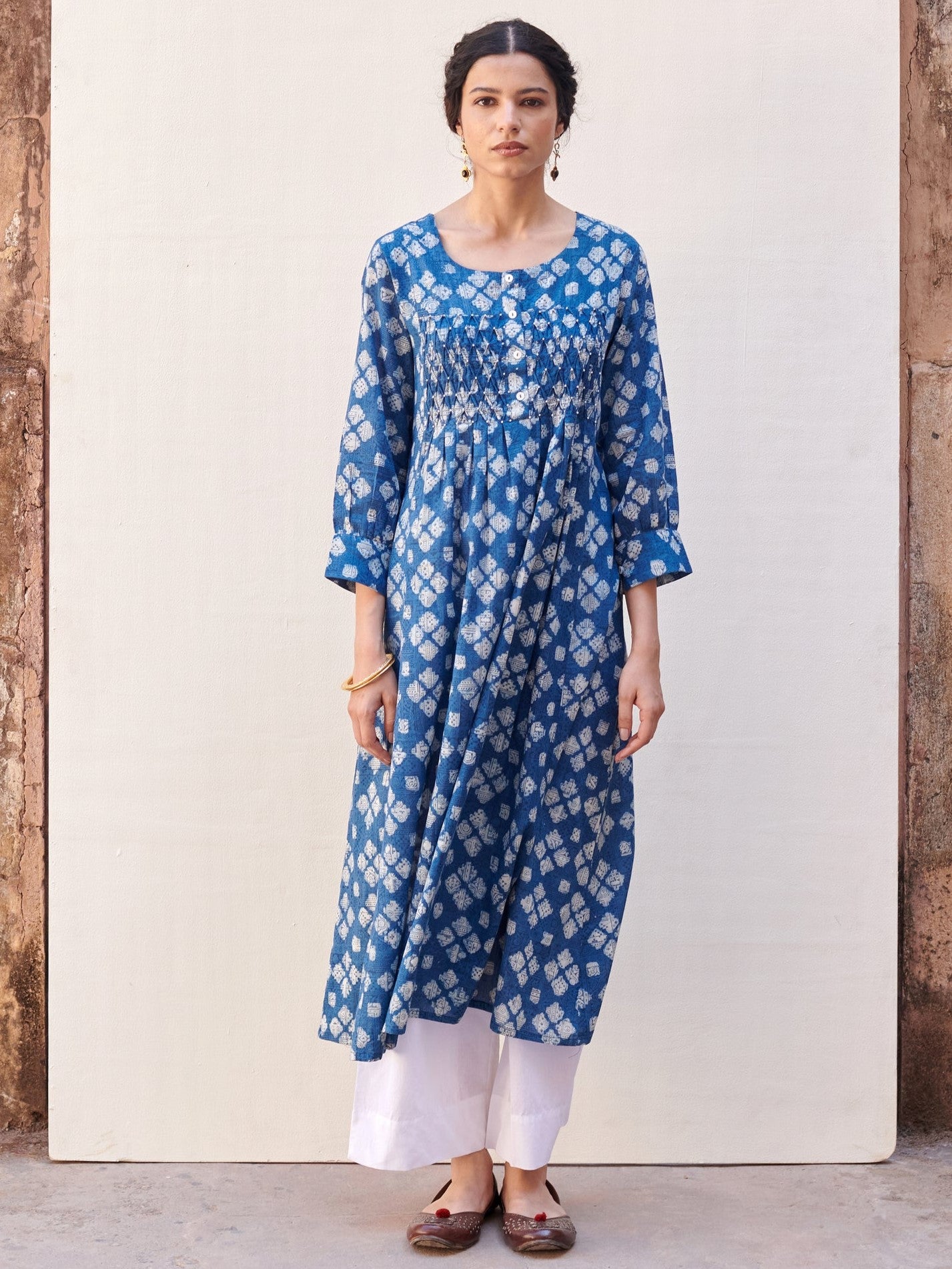 Indigo Cotton Round Handblock Kurta For Women's