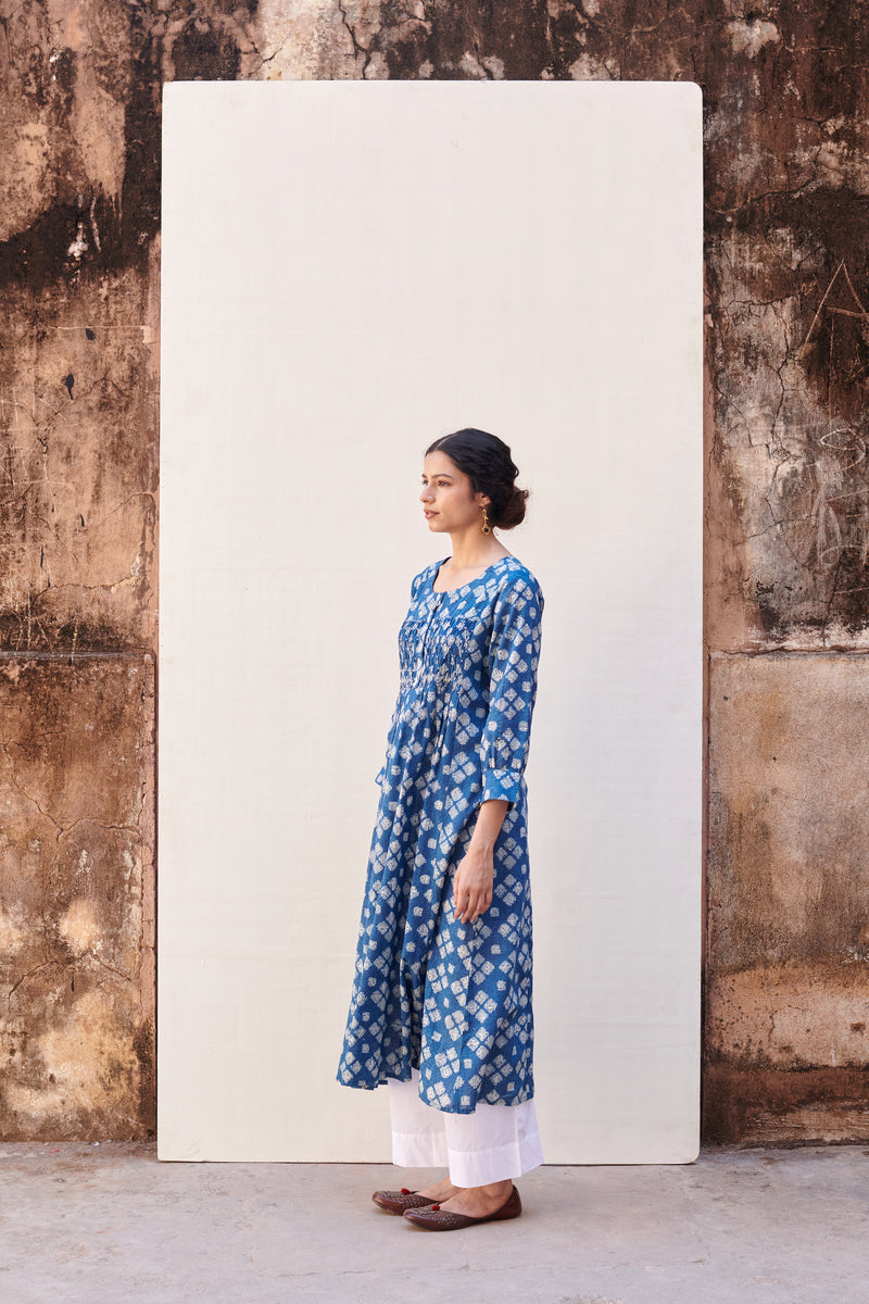 Indigo Cotton Round Handblock Kurta For Women's