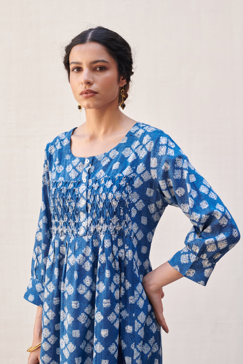 Indigo Cotton Round Handblock Kurta For Women's