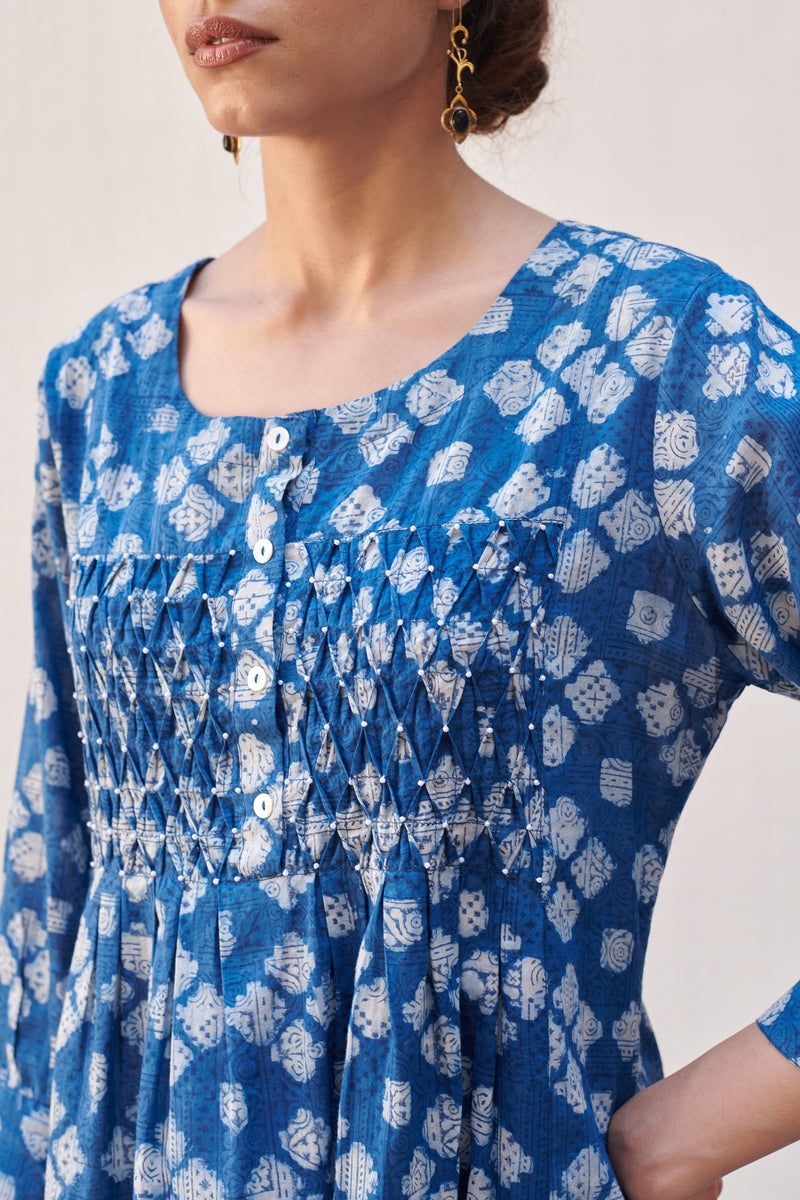 Indigo Cotton Round Handblock Kurta For Women's