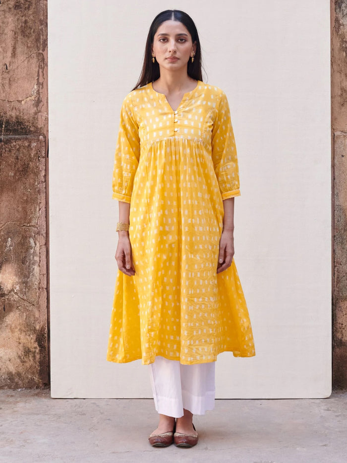 Yellow Cotton Round Neck Hand Done Shibori A-Line Kurta For Women's