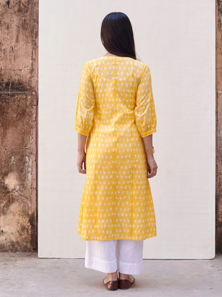 Yellow Cotton Round Neck Hand Done Shibori A-Line Kurta For Women's