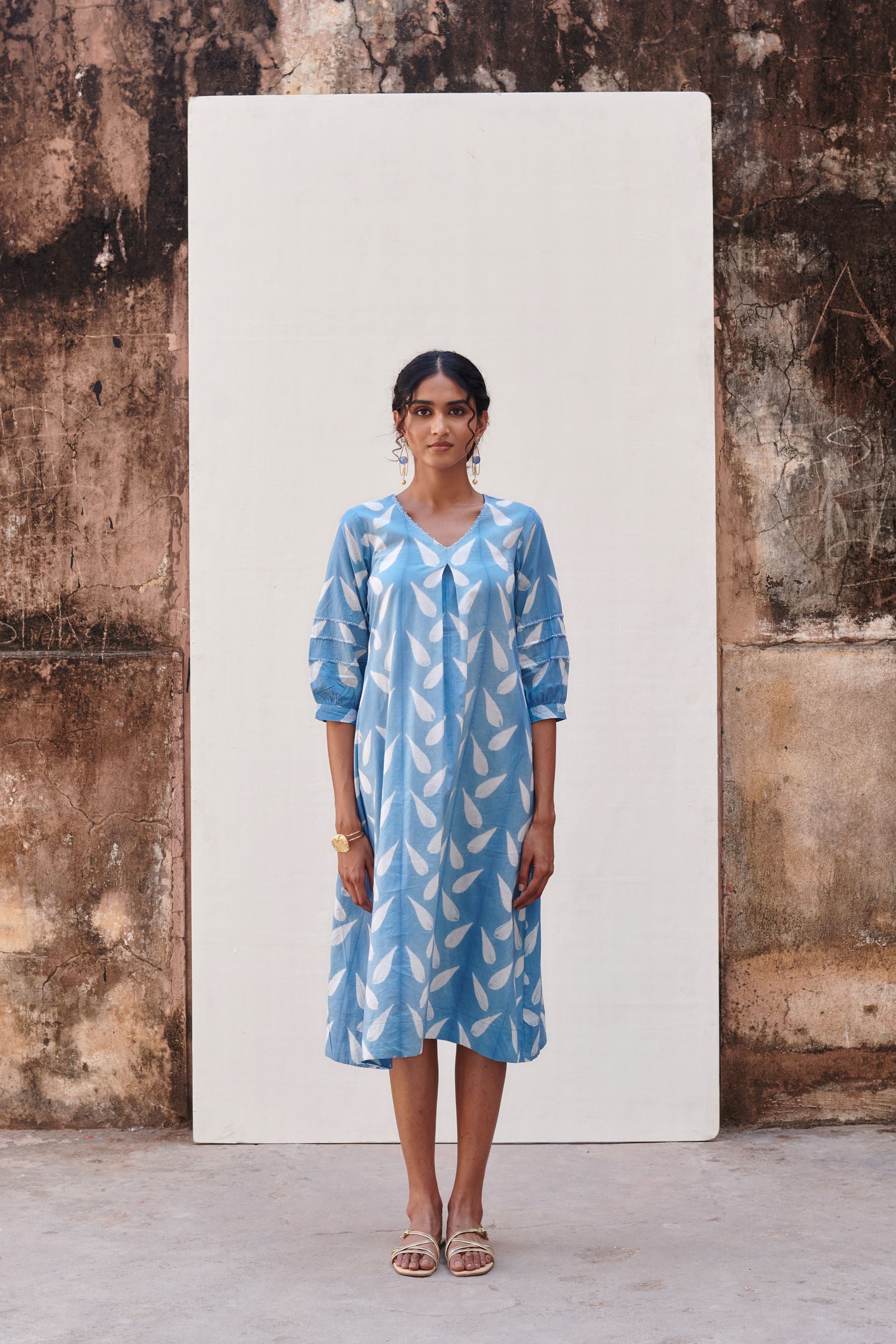 Cotton Blue Shibori Print V-Neck Dress For Women's