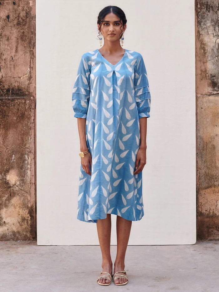 Cotton Blue Shibori Print V-Neck Dress For Women's