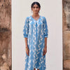 Cotton Blue Shibori Print V-Neck Dress For Women's
