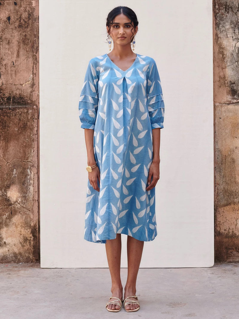 Cotton Blue Shibori Print V-Neck Dress For Women's