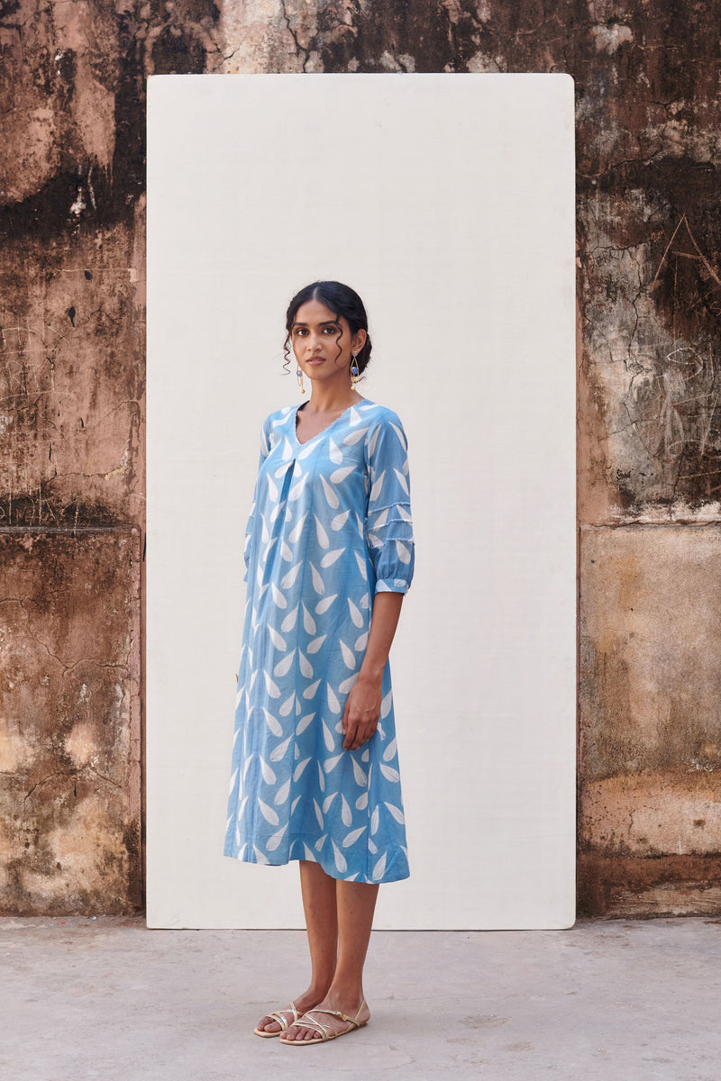 Cotton Blue Shibori Print V-Neck Dress For Women's