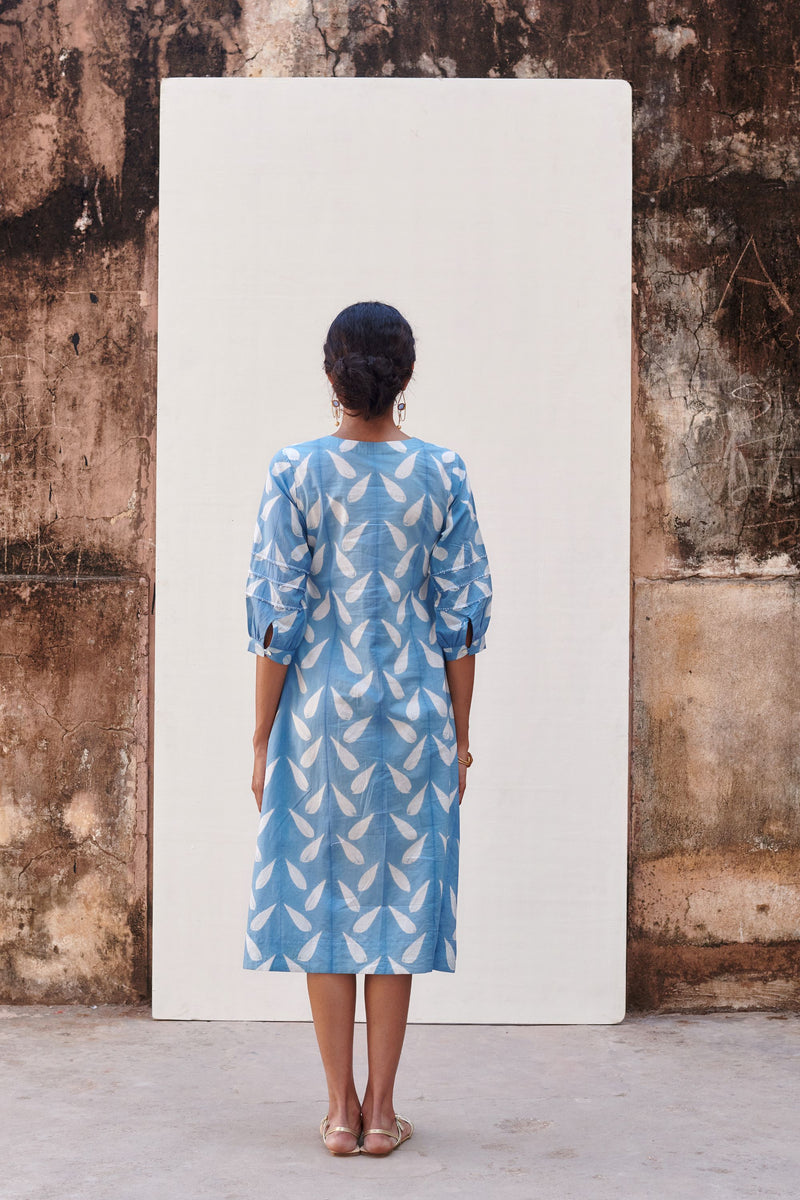 Cotton Blue Shibori Print V-Neck Dress For Women's