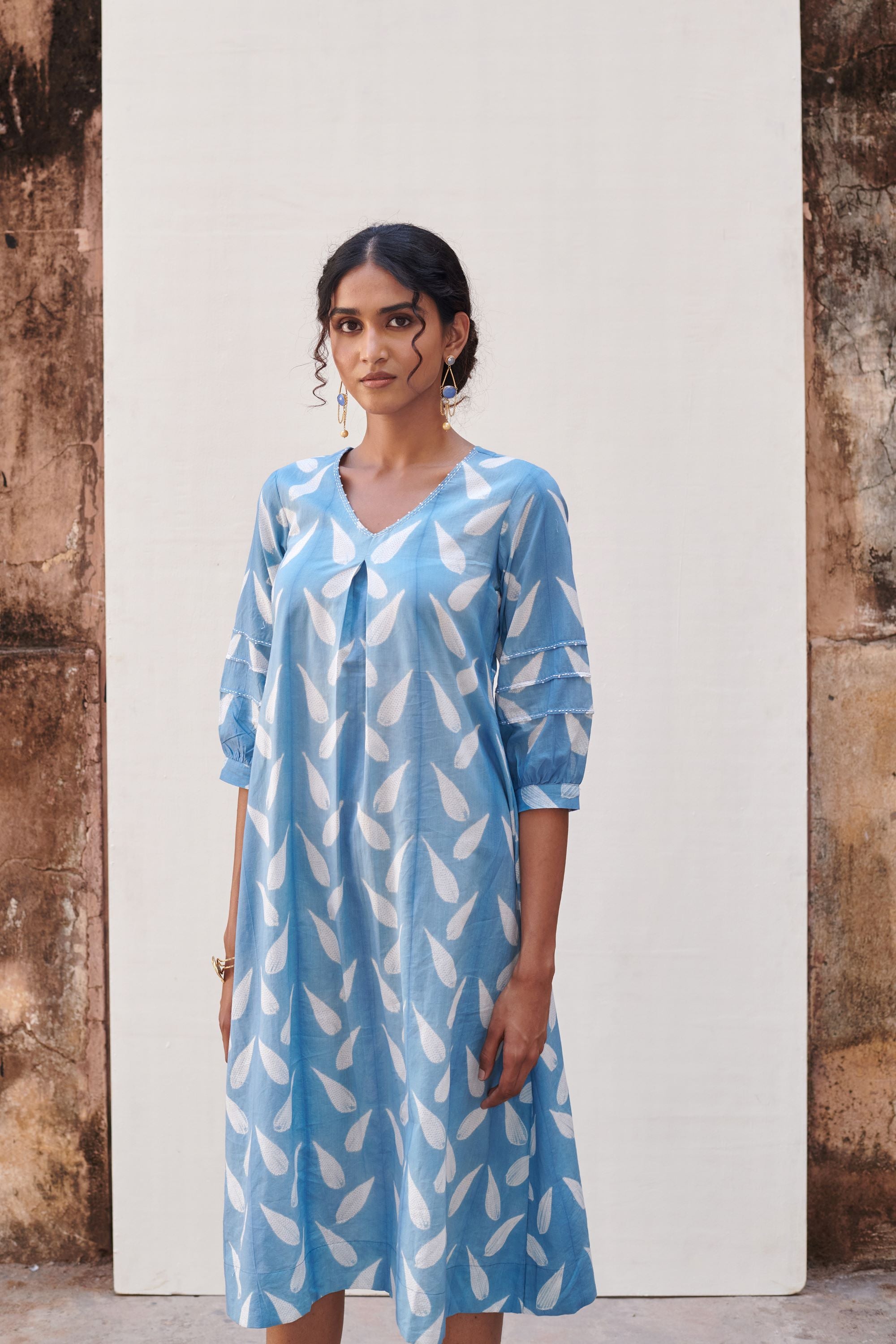 Cotton Blue Shibori Print V-Neck Dress For Women's