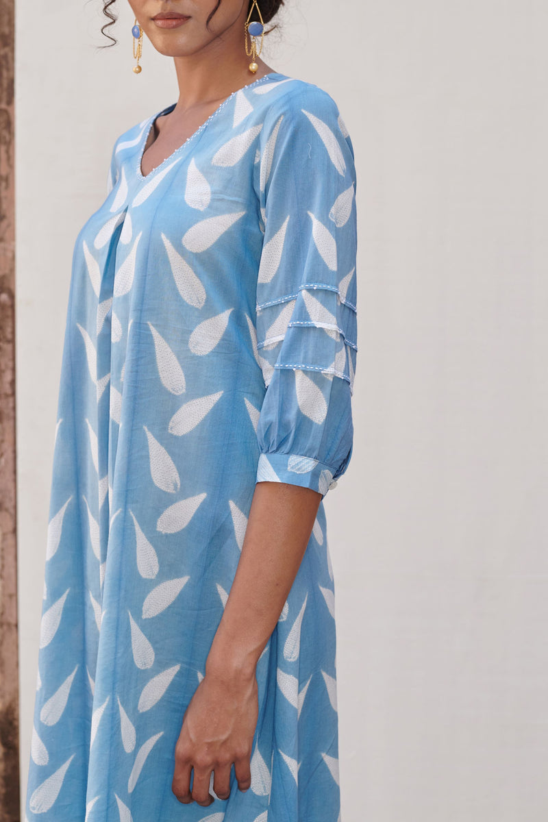 Cotton Blue Shibori Print V-Neck Dress For Women's
