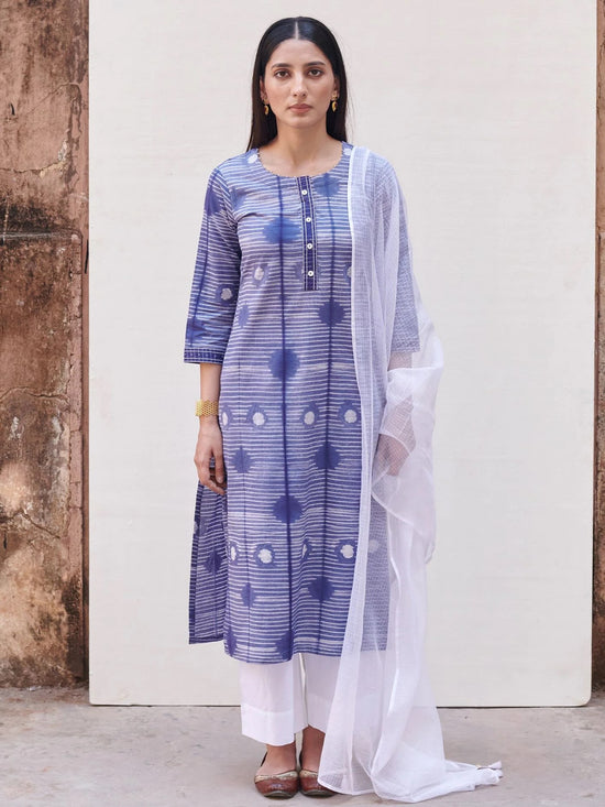 Blue Neck Cotton Round Neck Shibori Kurta for Women's