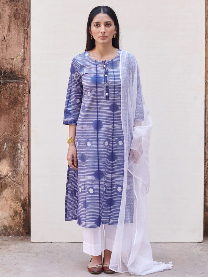 Blue Neck Cotton Round Neck Shibori Kurta for Women's