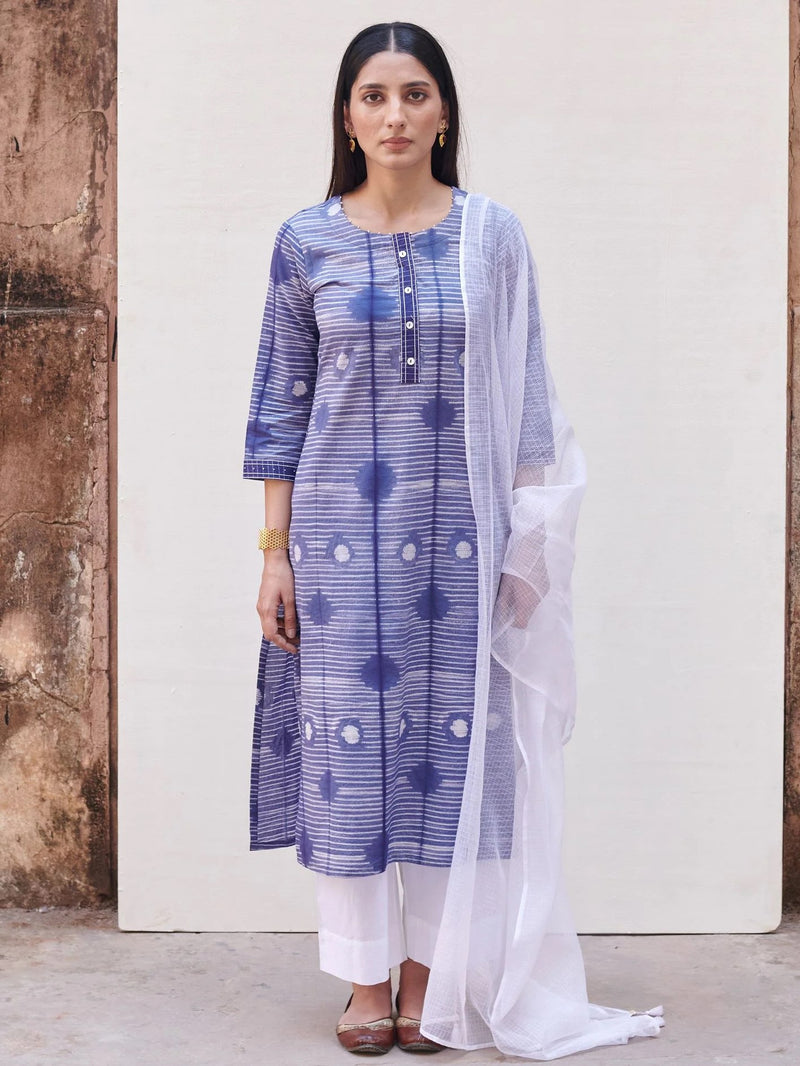 Blue Neck Cotton Round Neck Shibori Kurta for Women's