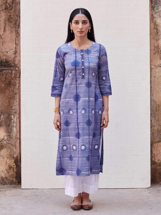 Blue Neck Cotton Round Neck Shibori Kurta for Women's