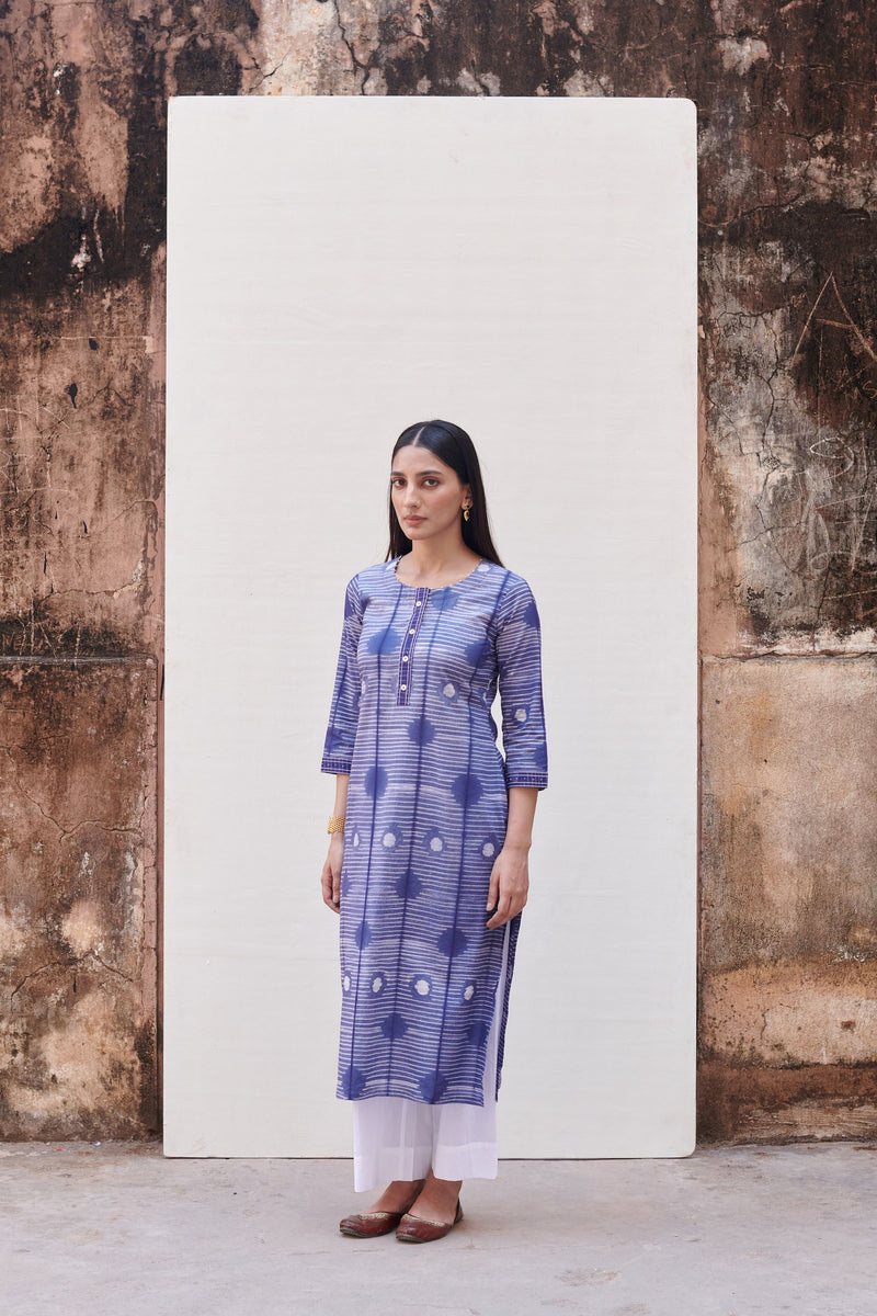 Blue Neck Cotton Round Neck Shibori Kurta for Women's