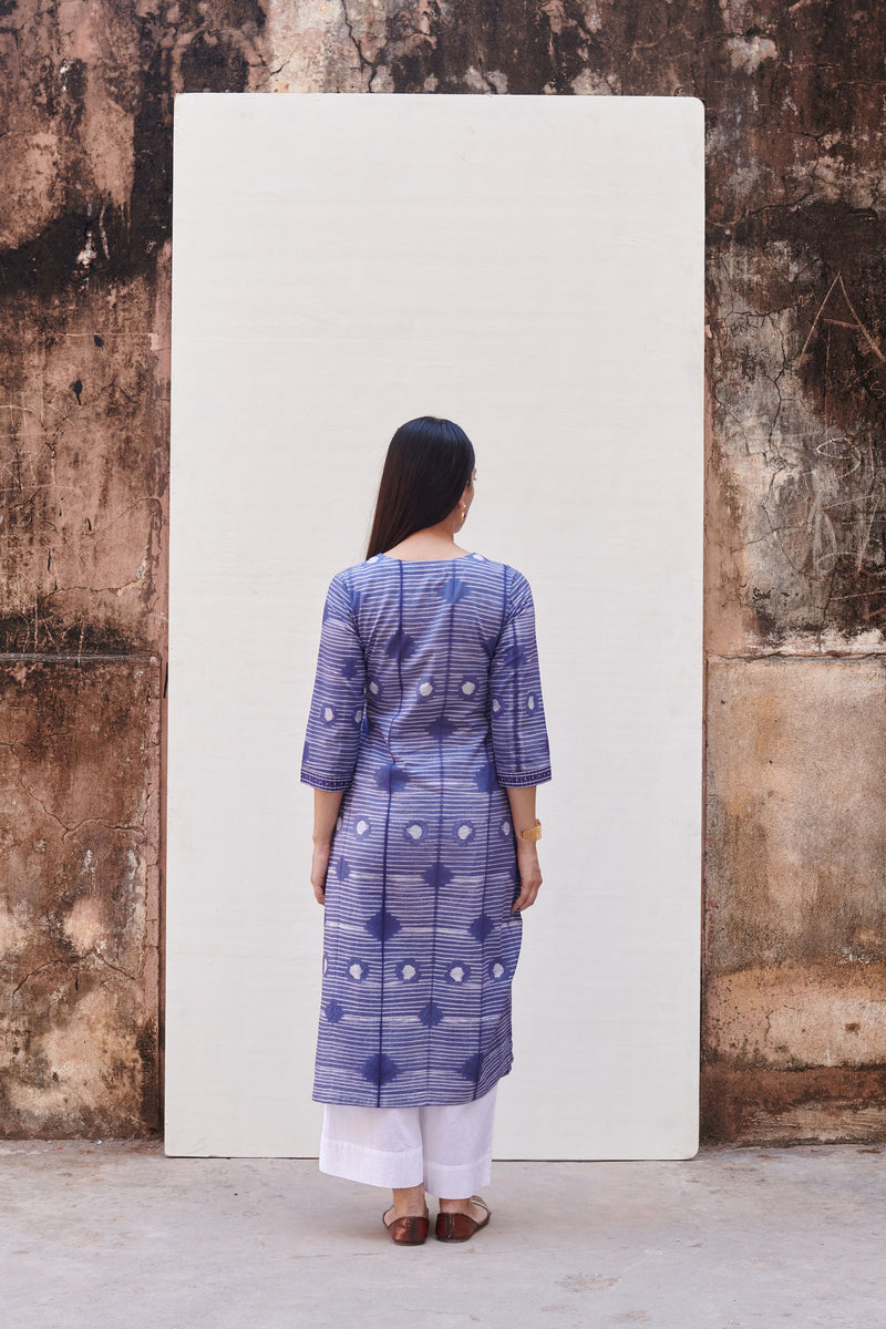 Blue Neck Cotton Round Neck Shibori Kurta for Women's