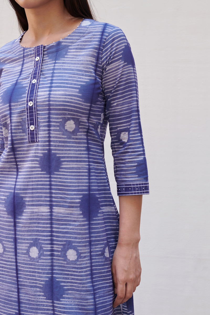 Blue Neck Cotton Round Neck Shibori Kurta for Women's