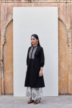 Black & White Cotton Flax Kurta With Palazzo Set For Women's